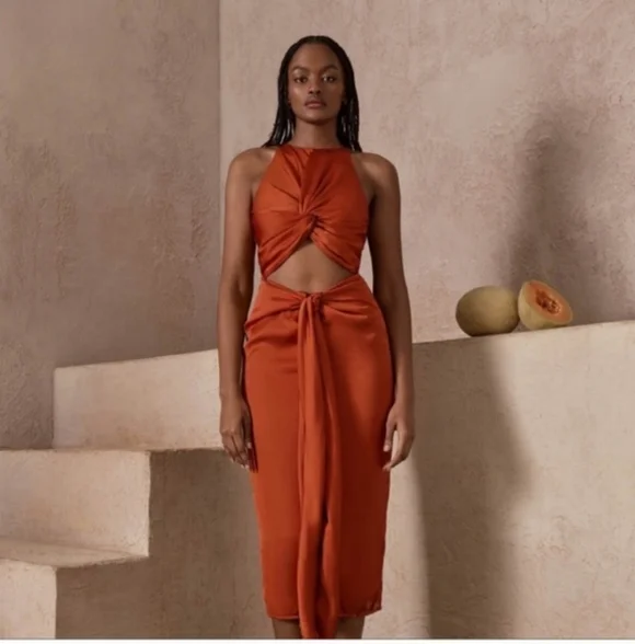 ANDREA IYAMAH THE RENI MIDI DRESS BURN ORANGE SIZE LARGE - Picture 3 of 14